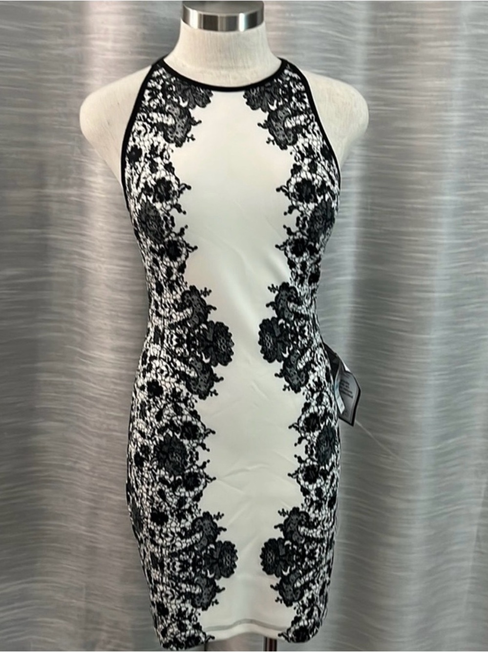 B Darlin White Halter Mini Dress with Black Lace Print
